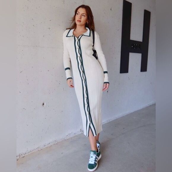 Micas Elegant Cream Ribbed Knit Maxi Cardigan Dress with Contrast Trim size M - Picture 3 of 11